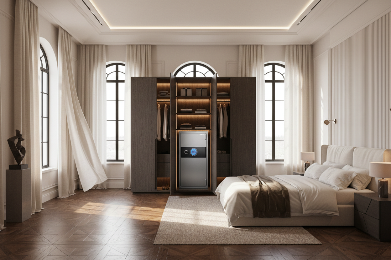 Generate a banner image suitable for a premium online store, but with natural lighting. Feature a photorealistic "Luxury" vibe of a modern architetural high end light and welcomign relaxing cozy bedroom with a dark wood parwut flooring highe celiing and arched windows with balkcdetails and linens curtains and cream walls and a biometric swafe inside the big wardrobe as the clear focus. The surrounding scene, mood, and setting should be designed entirely around the product — whether indoor or outdoo