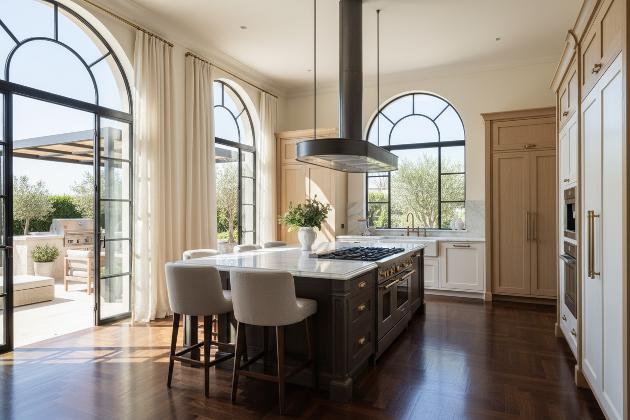 Generate a banner image suitable for a premium online store, but with natural lighting. Feature a photorealistic "Luxury" vibe of a modern architetural high end light and welcomign relaxing elegant  kithcne with a dark wood parwut flooring highe celiing and arched windows with balkcdetails and linens curtains cream walls and a 6 fire elegant range on the island and a view on the patio where a modern outdoor kaithcne is below a mdoern poergola s the clear focus